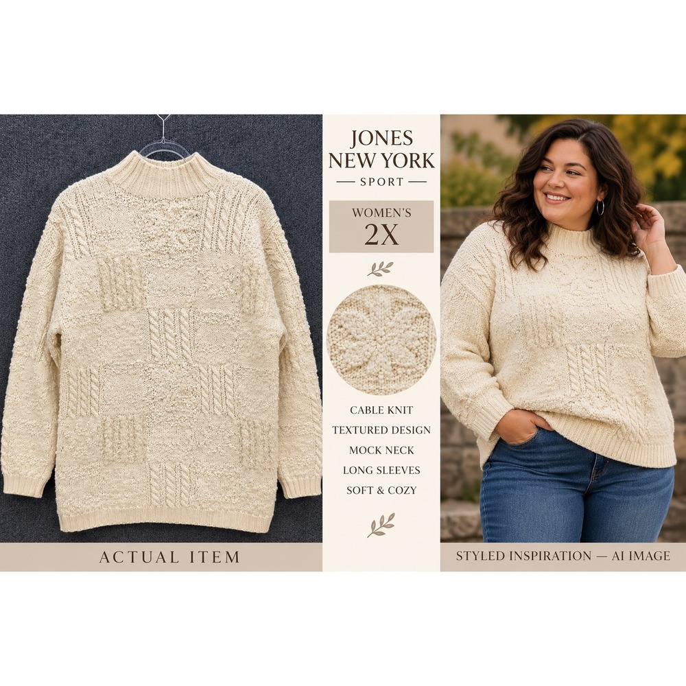Jones New York Sport Sweater Womens 2X Hand Knit Wool Mohair Cream 2X Excellent